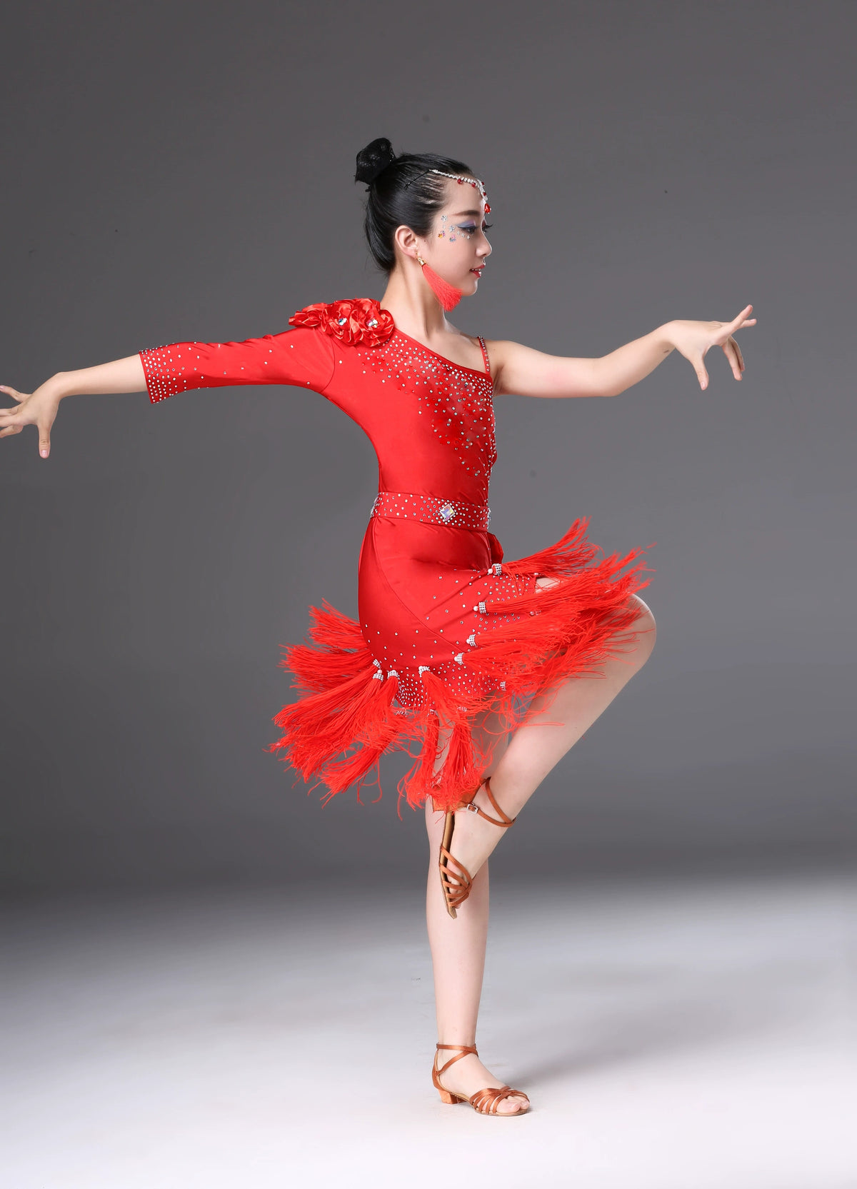 Children's Competition latin dance dresses blue pink red white slant one shoulder Latin dance performance costumes chacha rumba salsa dance outfits - Moderndancedress.com
