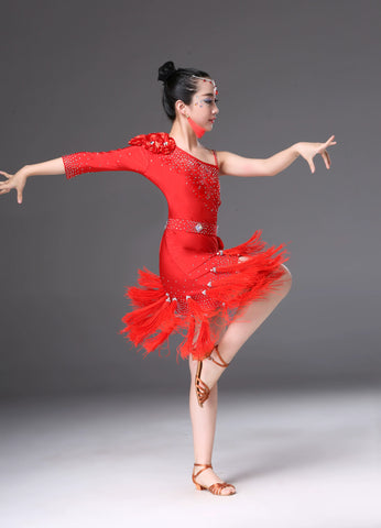 Children's Competition latin dance dresses blue pink red white slant one shoulder Latin dance performance costumes chacha rumba salsa dance outfits - Moderndancedress.com