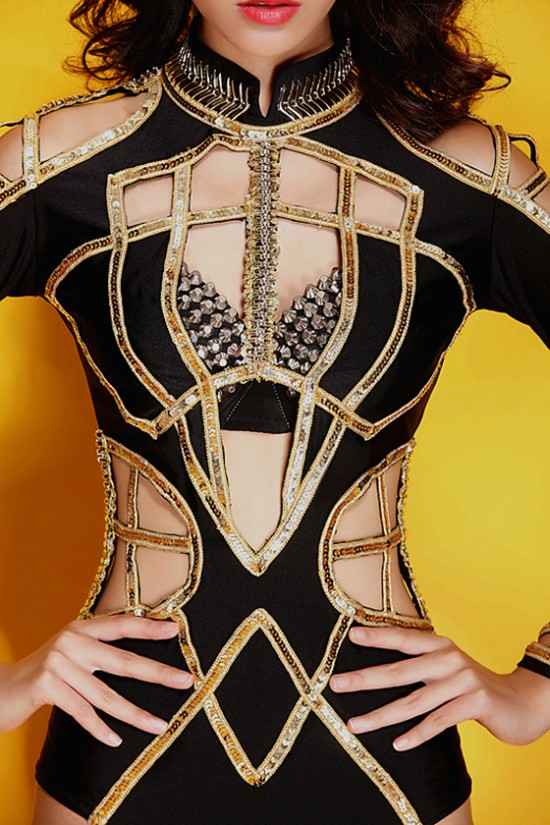 Women Performance Clothing Dj Female Singer Combination Ds Costume Hollow Long Sleeve Sexy Bodysuit Jazz Dance Wear - Moderndancedress.com
