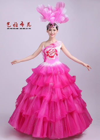Chinese Folk Dance Costumes Opening dance dress show dress long off shoulder dance cake skirt hot drill stage women's dress