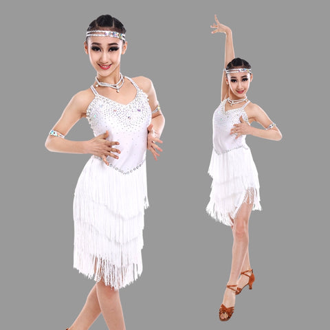 girl tassel Latin dance dress Latin dance performance clothing girls bright diamond tassel Latin dance skirt children Latin competition clothing - Moderndancedress.com