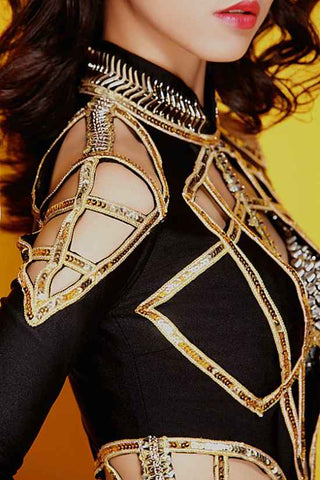 Women Performance Clothing Dj Female Singer Combination Ds Costume Hollow Long Sleeve Sexy Bodysuit Jazz Dance Wear - Moderndancedress.com