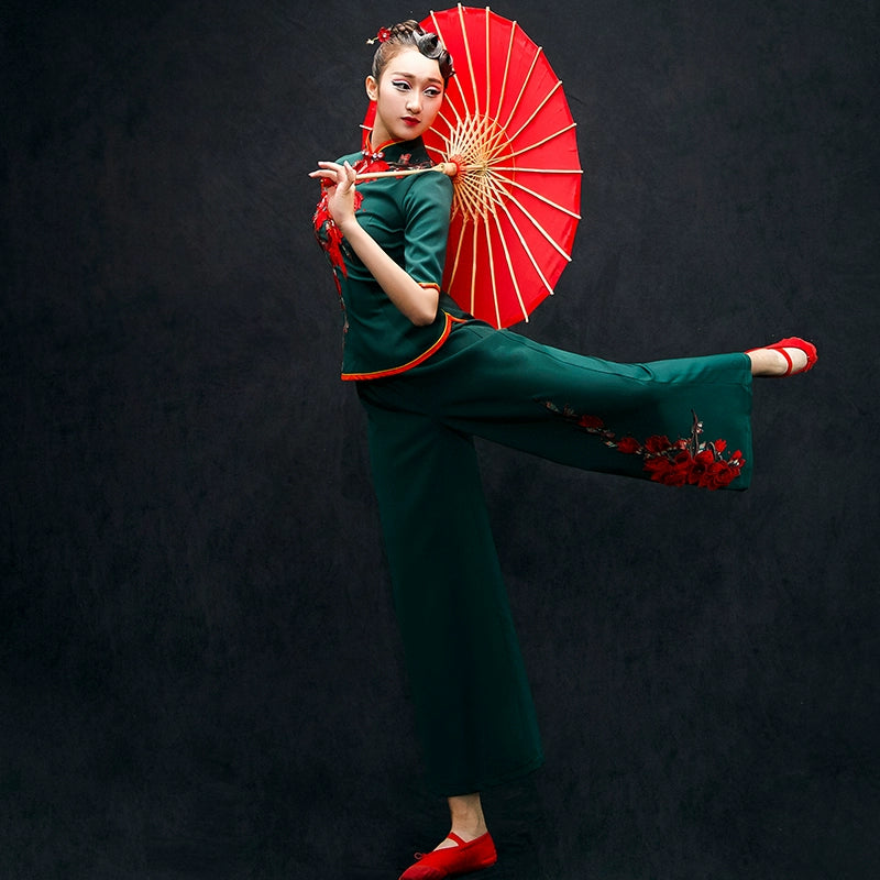 Chinese Folk Dance Costumes Yangko Dance Costume Performance Dress Female Classical Dance Fan Square Suit for Adults - Moderndancedress.com