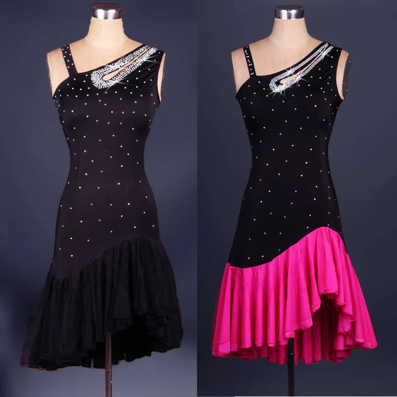 Latin Dance Dresses Mesh Long Sleeve Dance  Performing Dresses Rhinestones Long Sleev Dress - Moderndancedress.com