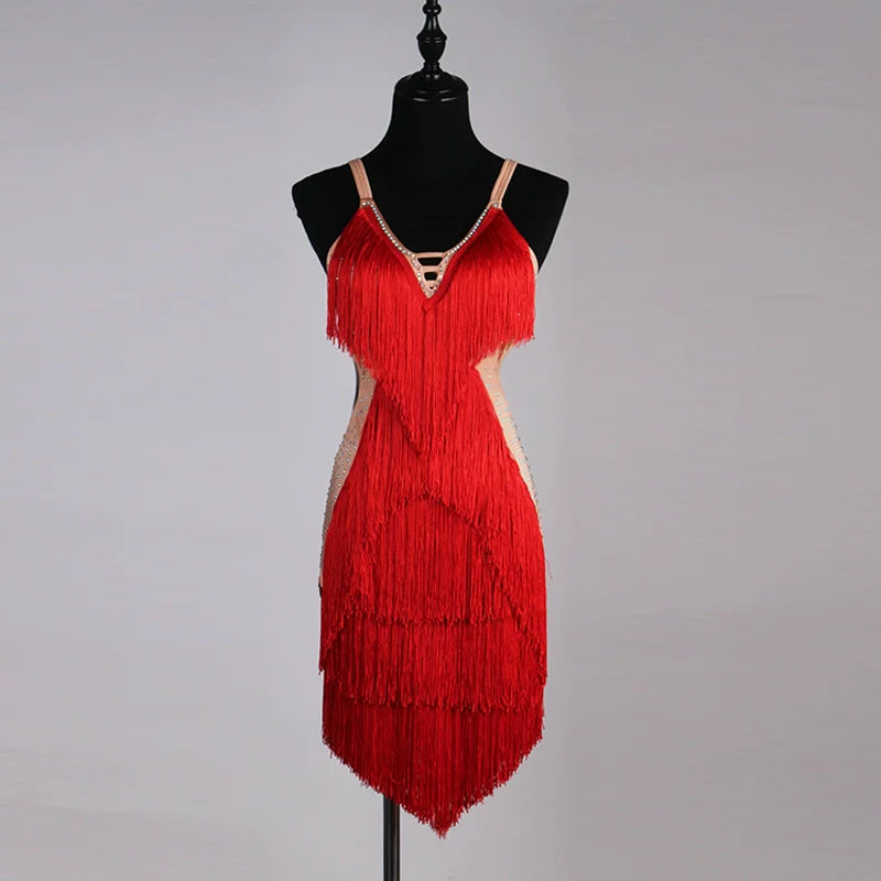 Latin Dance Dresses Women's Training / Performance Spandex / Tulle Tassel / Crystals / Rhinestones Long Sleeve High Dress - Moderndancedress.com