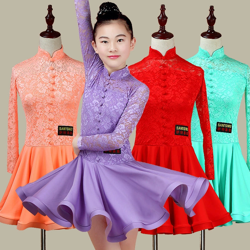 Girls children purple mint lace long sleeves Latin dance dresses Children split latin ballroom dance performance test competition costumes - 