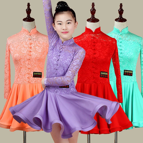 Girls children purple mint lace long sleeves Latin dance dresses Children split latin ballroom dance performance test competition costumes - Moderndancedress.com