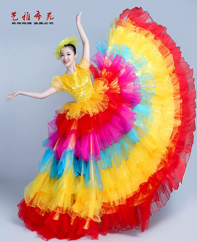 Chinese Folk Dance Costumes women flamenco rainbow dance chorus dress opening dance big skirt stage performance dress