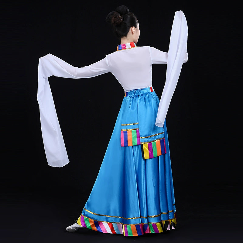 Chinese Folk Dance Costume Watersleeve Tibetan Dance Performance Dress Female Adults Tibetan Dance Practice Skirt Ethnic Style Gongfu Classical Dance - Moderndancedress.com
