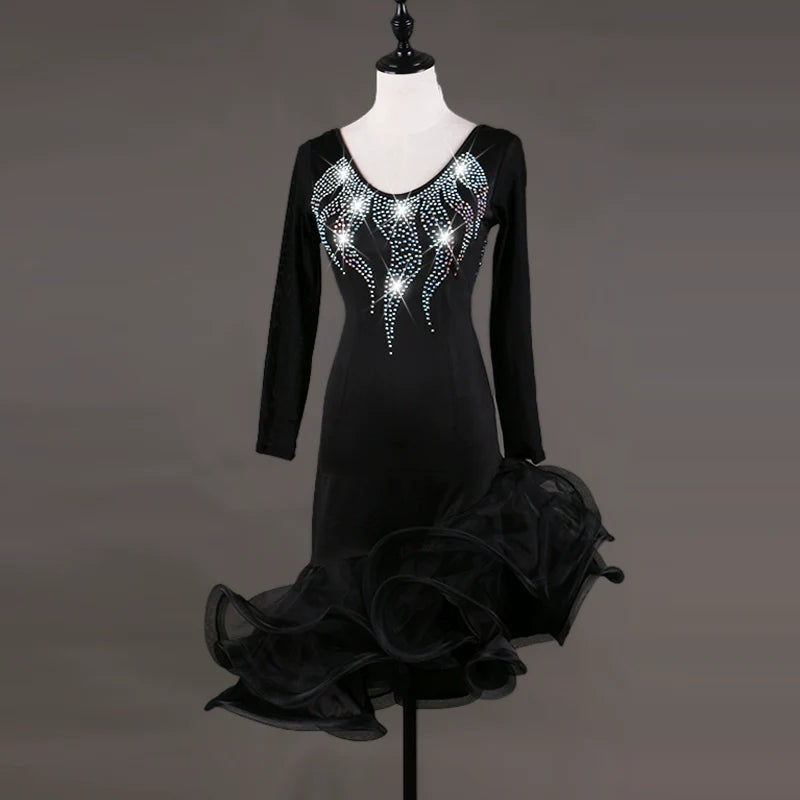 Latin Dance Dresses Women's Training / Performance Spandex / Tulle Tassel / Crystals / Rhinestones Long Sleeve High Dress - Moderndancedress.com
