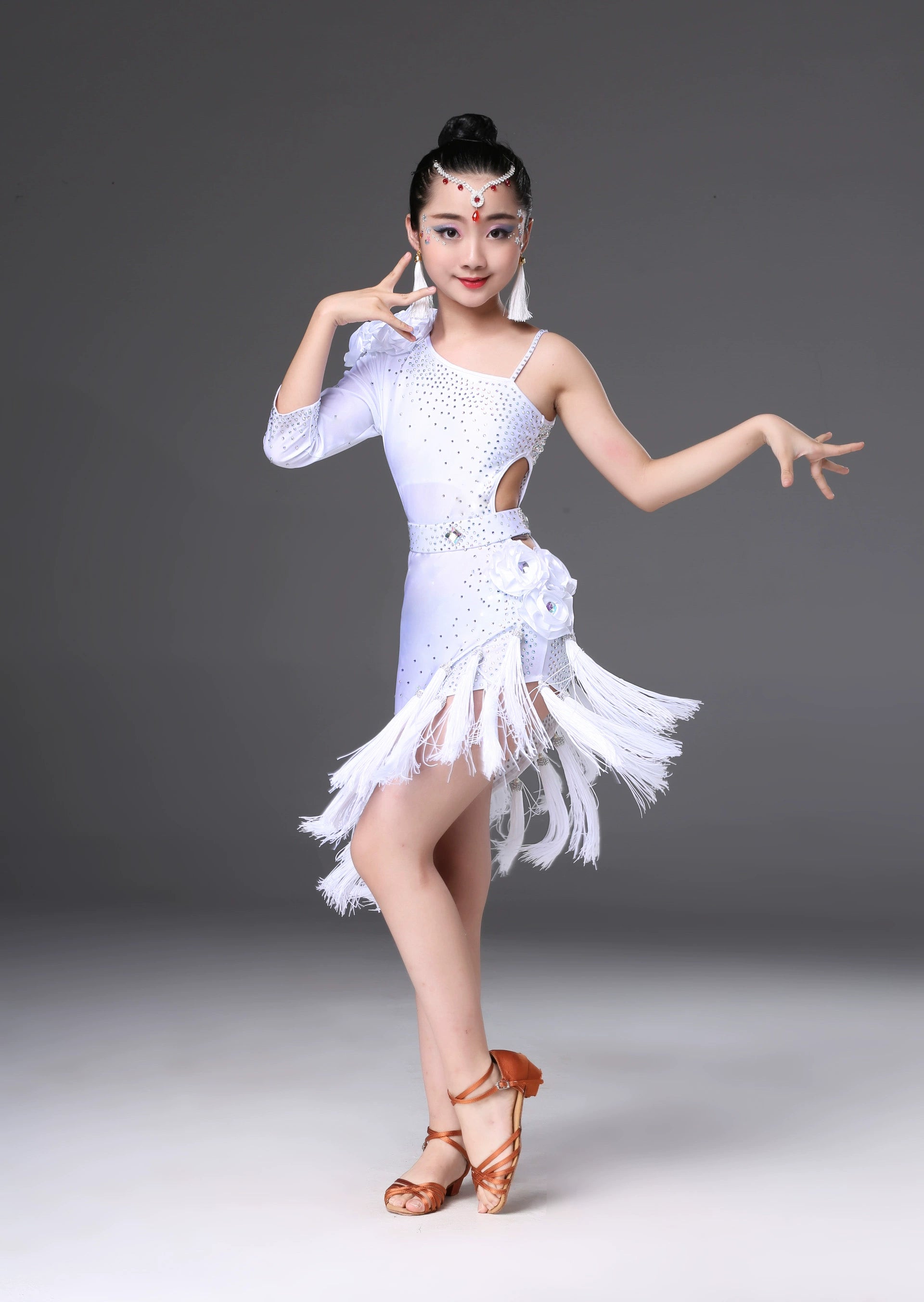 Children's Competition latin dance dresses blue pink red white slant one shoulder Latin dance performance costumes chacha rumba salsa dance outfits - Moderndancedress.com