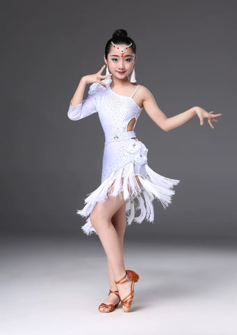 Children's Competition latin dance dresses blue pink red white slant one shoulder Latin dance performance costumes chacha rumba salsa dance outfits - Moderndancedress.com