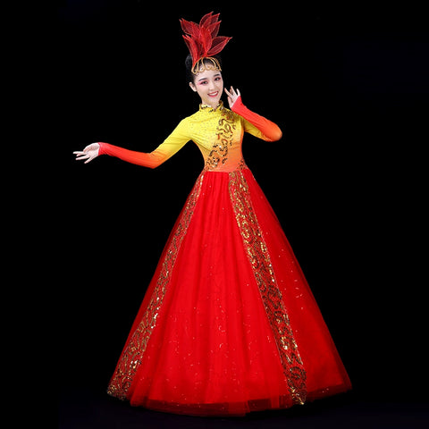 Chinese Folk Dance Costume Opening Dance Dresses Female Adult Atmospheric Annual Meeting Performing Dresses Night Dance Song Dance Performing Dresses - Moderndancedress.com