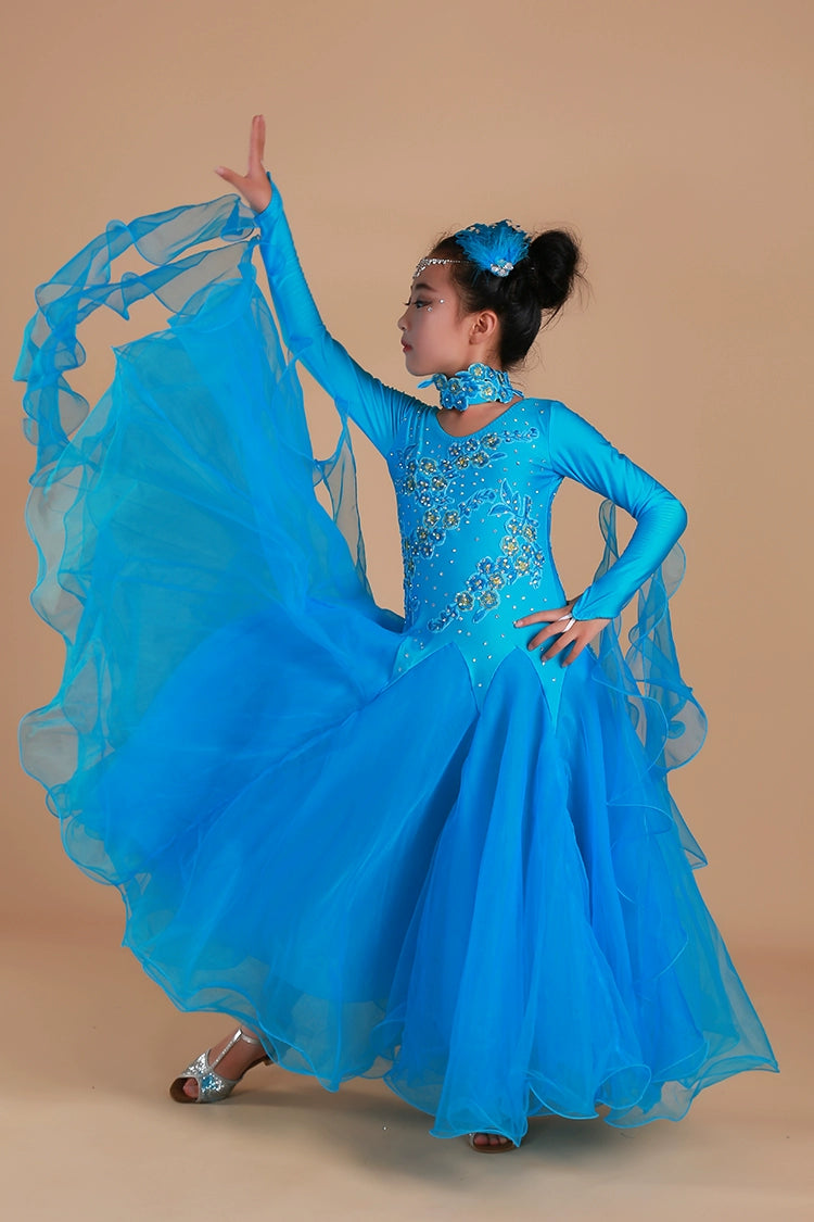 Children's Blue Pink Green Ballroom Dance Dress for Kids Girls Competition Waltz Tango Foxtrot Smooth Dance Long Gown for Kids - Moderndancedress.com