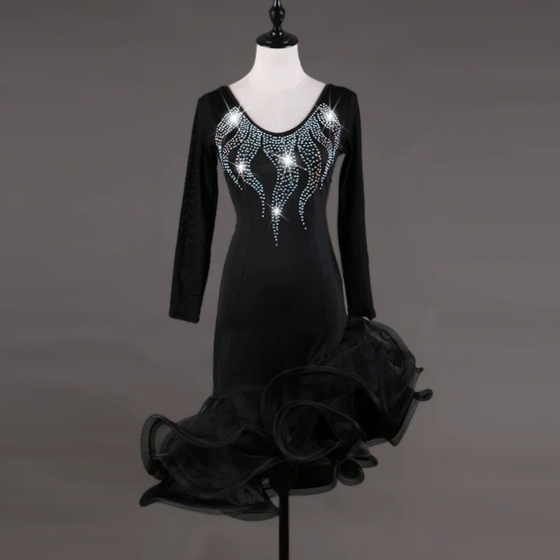 Latin Dance Dresses Women's Training / Performance Spandex / Tulle Tassel / Crystals / Rhinestones Long Sleeve High Dress - Moderndancedress.com