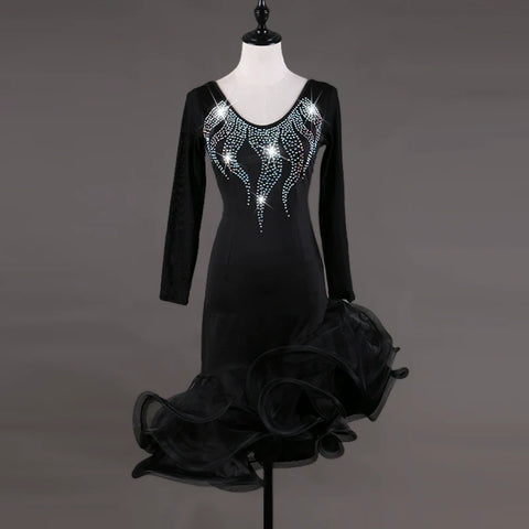 Latin Dance Dresses Women's Training / Performance Spandex / Tulle Tassel / Crystals / Rhinestones Long Sleeve High Dress - Moderndancedress.com