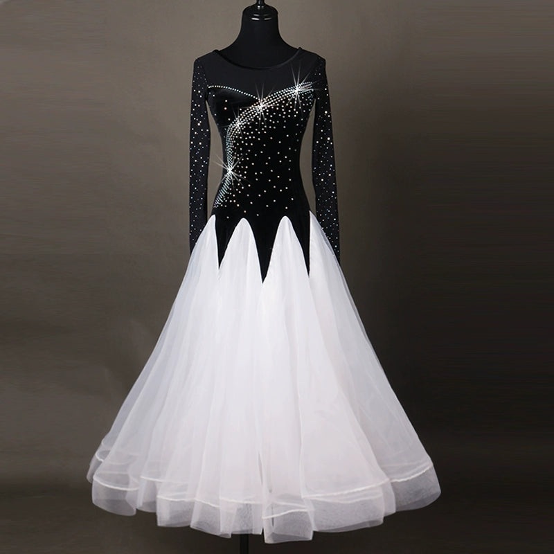 Ballroom Dance Dresses Women's Performance Chinlon Appliques / Splicing / Paillette Long Sleeve High Dress - Moderndancedress.com