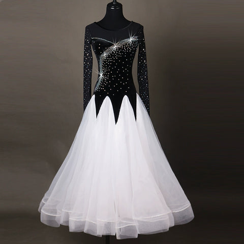Ballroom Dance Dresses Women's Performance Chinlon Appliques / Splicing / Paillette Long Sleeve High Dress - Moderndancedress.com