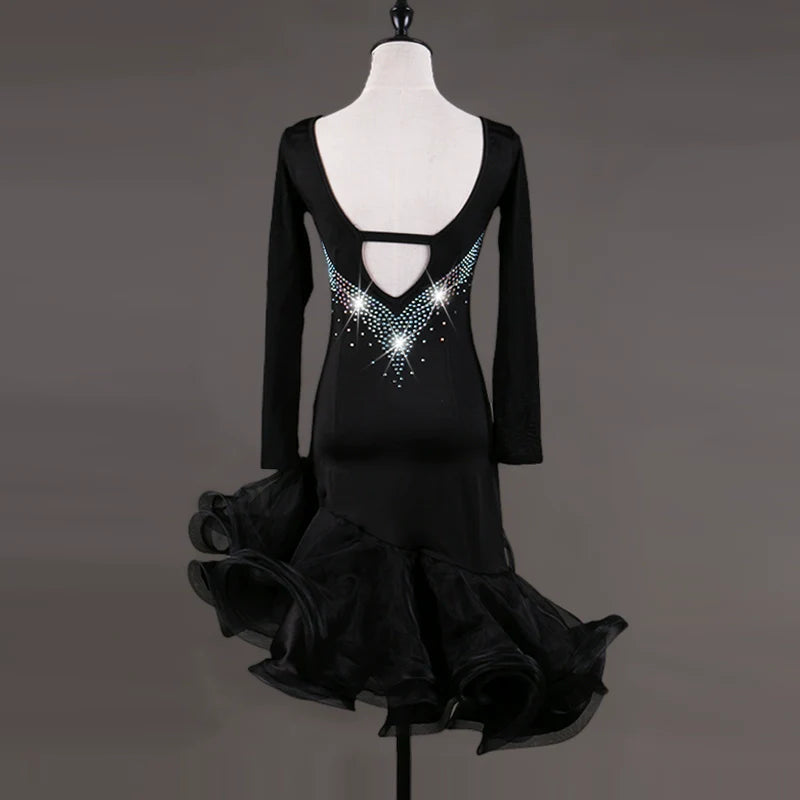 Latin Dance Dresses Women's Training / Performance Spandex / Tulle Tassel / Crystals / Rhinestones Long Sleeve High Dress - Moderndancedress.com