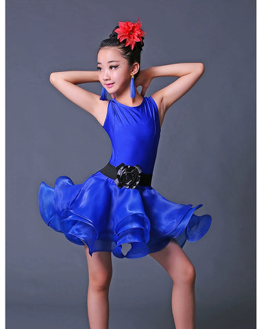Children Competition Neon Green Pink Blue Latin Dance Dresses Ruffles Salsa Chacha  Performance Clothes for Girls - Moderndancedress.com