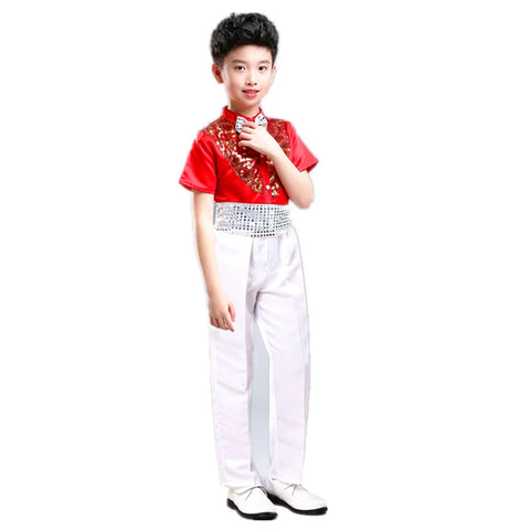 Boys Hip Hop Costume Sequin Shirts White Pants Suit Jazz Costumes Kids Stage Dancing Outfit Children Street Show Wear - Moderndancedress.com