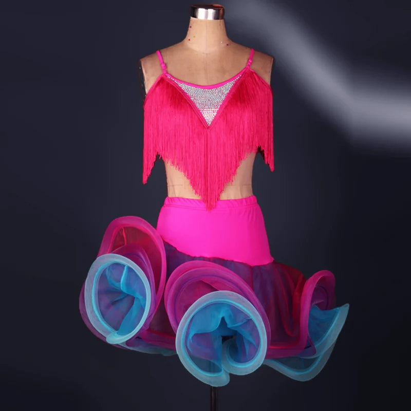 Latin Dance Dresses Mesh Long Sleeve Dance  Performing Dresses Rhinestones Long Sleev Dress - Moderndancedress.com