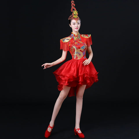 Jazz Dance Costumes Modern Dance Drum Drum Costume Performing Apparel Chinese Style Skirt National Dance Fan Dance Cheongsam Adult Women - Moderndancedress.com