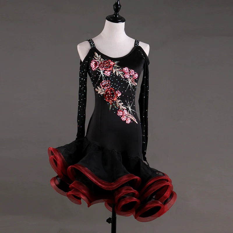 Long Sleeve Latin Dance Competition Show Shoulders Performing Dresses Adult Female Professional High-end Decorated Latin Dance Dresses - Moderndancedress.com