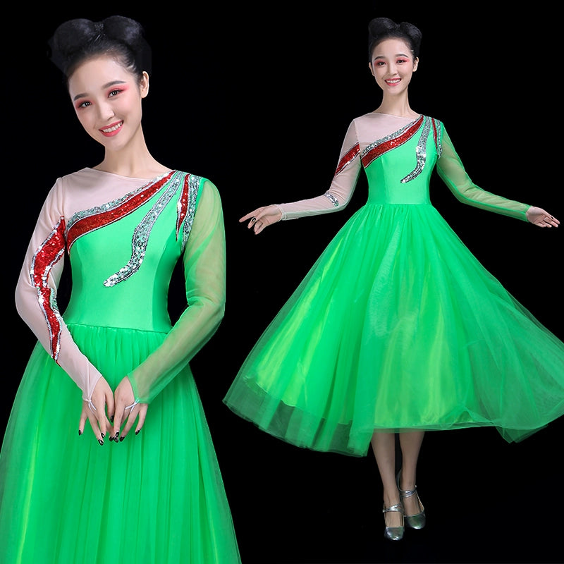 Chinese Folk Dance Costume Opening Dance Dress Female Adult Modern Dance Garment Chorus Fan Dance Performance Dress Pompon Skirt Classical Dance