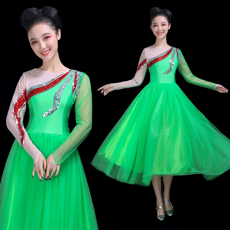 Chinese Folk Dance Costume Opening Dance Dress Female Adult Modern Dance Garment Chorus Fan Dance Performance Dress Pompon Skirt Classical Dance - Moderndancedress.com