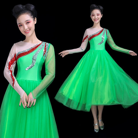 Chinese Folk Dance Costume Opening Dance Dress Female Adult Modern Dance Garment Chorus Fan Dance Performance Dress Pompon Skirt Classical Dance - Moderndancedress.com