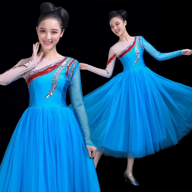Chinese Folk Dance Costume Opening Dance Big Dress Female Adult Atmospheric Modern Dance Dress Singing and Dancing Skirt Mid-long Performance Dress - Moderndancedress.com