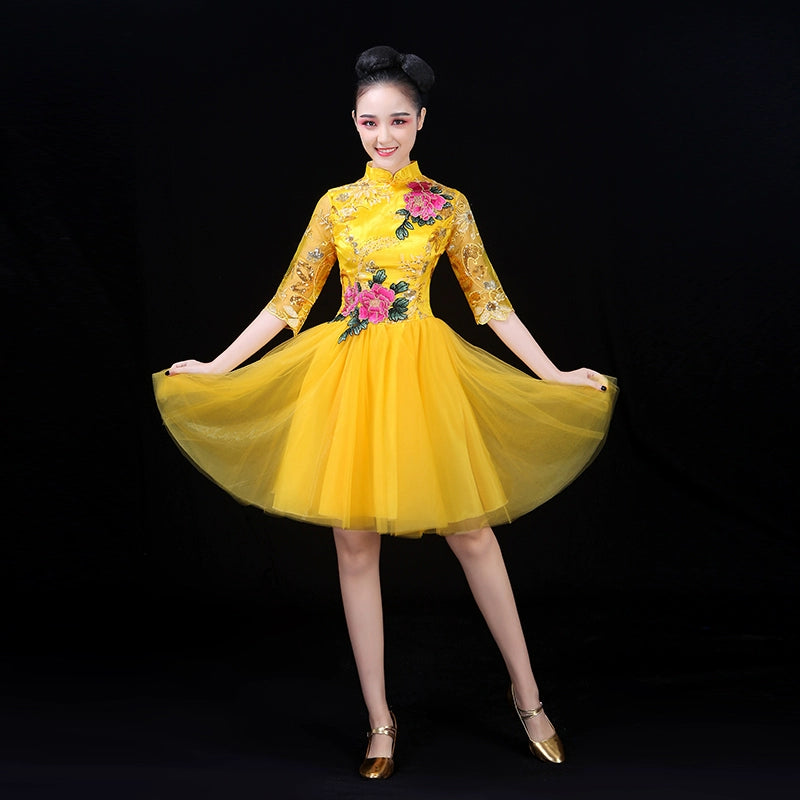 Chinese Folk Dance Costume Modern Short Skirt Show Clothes Square Dance Line Clothes Adult Allegro Show Clothes Dance Clothes