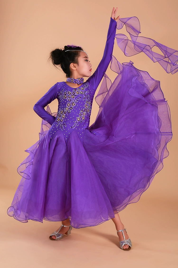 Children's Blue Pink Green Ballroom Dance Dress for Kids Girls Competition Waltz Tango Foxtrot Smooth Dance Long Gown for Kids - Moderndancedress.com