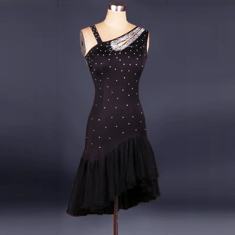 Latin Dance Dresses Mesh Long Sleeve Dance  Performing Dresses Rhinestones Long Sleev Dress - Moderndancedress.com