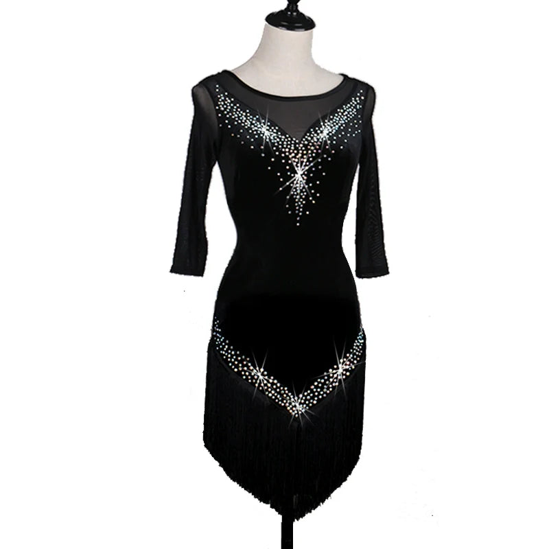 Latin Dance Dresses Women's Training / Performance Spandex / Tulle Tassel / Crystals / Rhinestones Long Sleeve High Dress - Moderndancedress.com