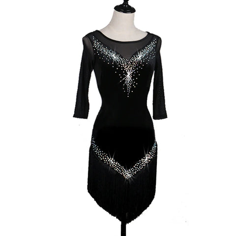 Latin Dance Dresses Women's Training / Performance Spandex / Tulle Tassel / Crystals / Rhinestones Long Sleeve High Dress - Moderndancedress.com