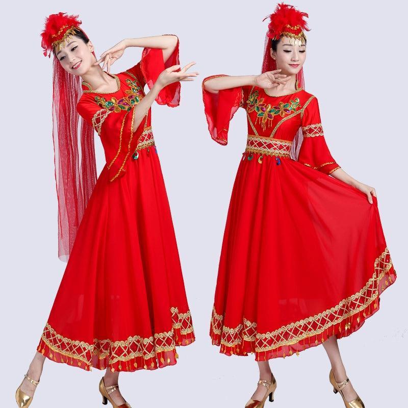 Folk Dance Costumes performance costume ethnic minority Uygur stage performance costume Xinjiang big dress long skirt girl - Moderndancedress.com