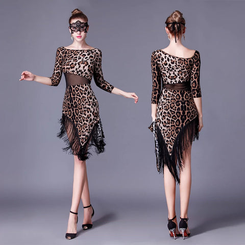 Leopard Latin Dance Skirt Adult Female Performing Dress Dress Slant Short Sleeve Latin Skirt