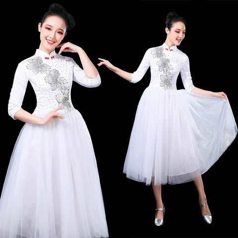 Chinese Folk Dance Costume Modern Dance Garments Adult Mid-long Opening Dance Dresses Women&amp;apos;s Chorus Dresses - Moderndancedress.com