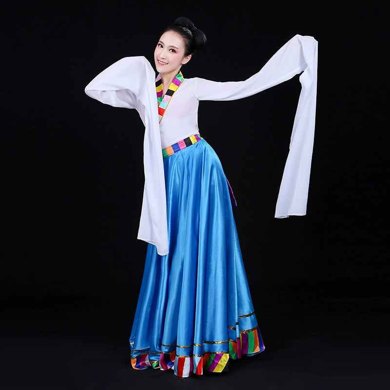 Chinese Folk Dance Costume Watersleeve Tibetan Dance Performance Dress Female Adults Tibetan Dance Practice Skirt Ethnic Style Gongfu Classical Dance - Moderndancedress.com