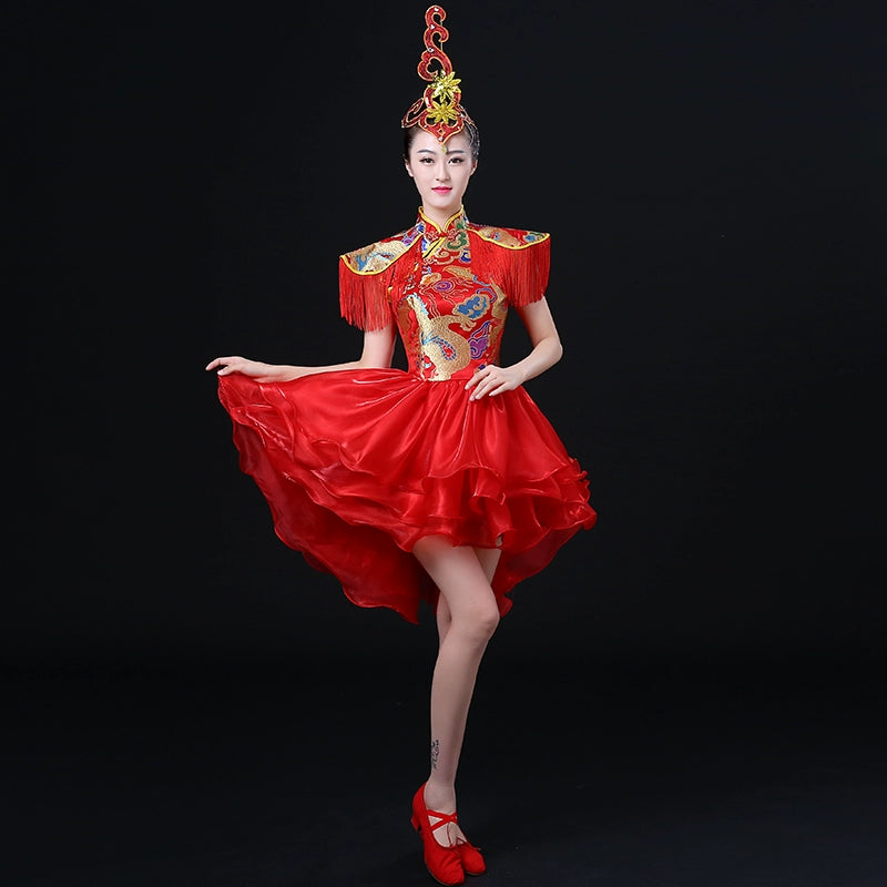 Jazz Dance Costumes Modern Dance Drum Drum Costume Performing Apparel Chinese Style Skirt National Dance Fan Dance Cheongsam Adult Women - 