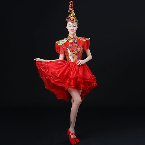 Jazz Dance Costumes Modern Dance Drum Drum Costume Performing Apparel Chinese Style Skirt National Dance Fan Dance Cheongsam Adult Women
