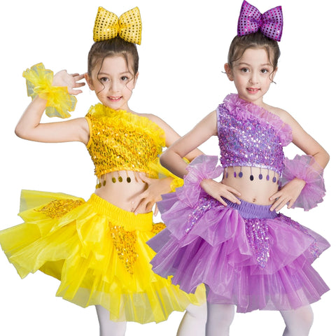 Girls ballet dresses yellow violet sequin jazz singers chorus modern dance dresses dancewear