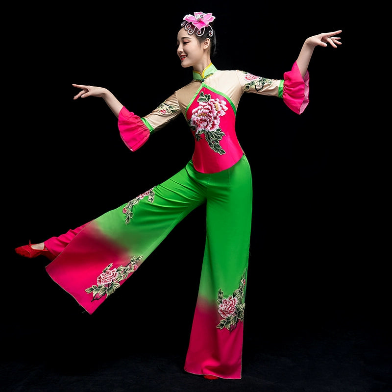 Chinese Folk Dance Costume Yangko costume performance dress classical dance costume female square fan suit for adults - Moderndancedress.com