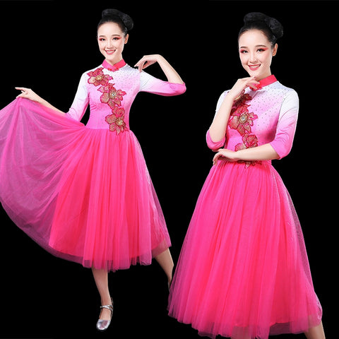 Chinese Folk Dance Costume Modern Dance Garments Adult Mid-long Opening Dance Dresses Women&amp;apos;s Chorus Dresses