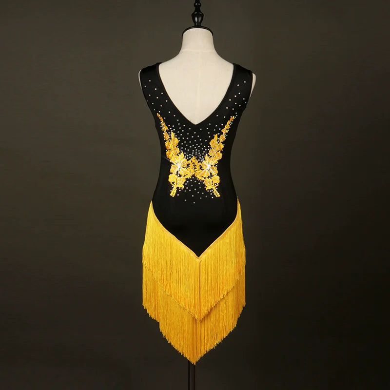 Latin dance fringe skirt professional competition drilled Latin Dance Costume applique Latin Dance Dress - Moderndancedress.com