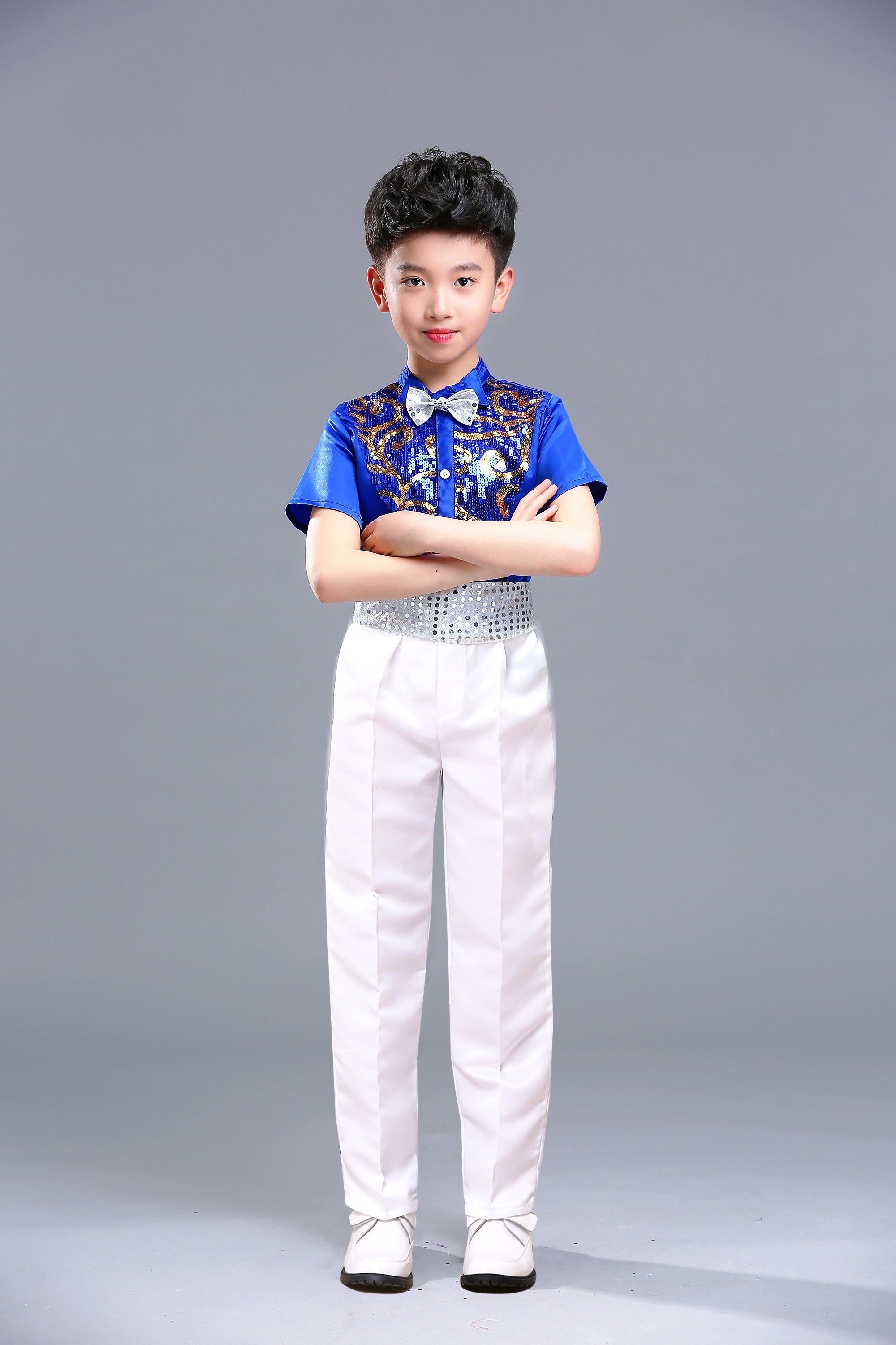 Boys Hip Hop Costume Sequin Shirts White Pants Suit Jazz Costumes Kids Stage Dancing Outfit Children Street Show Wear - 
