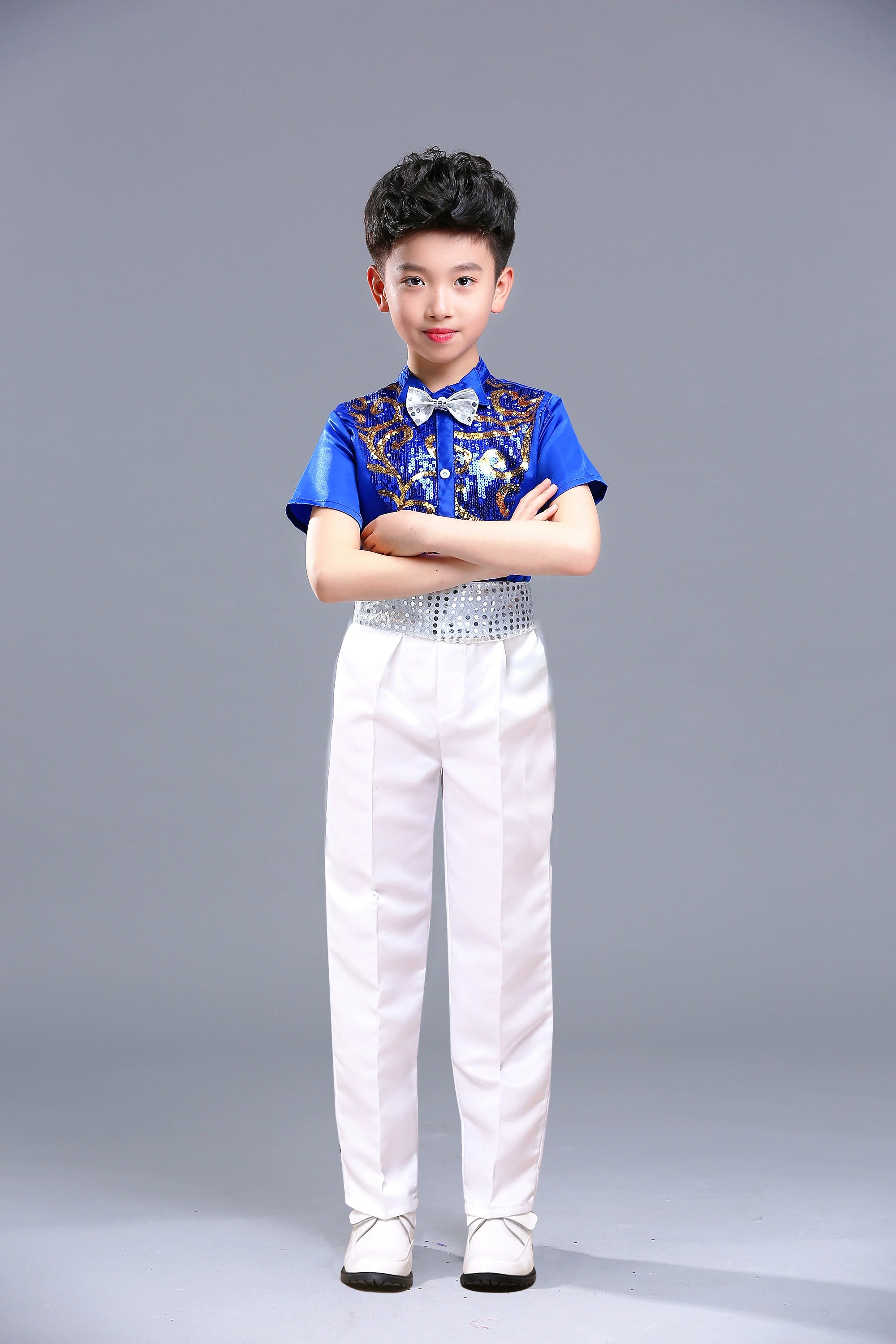 Boys Hip Hop Costume Sequin Shirts White Pants Suit Jazz Costumes Kids Stage Dancing Outfit Children Street Show Wear - Moderndancedress.com