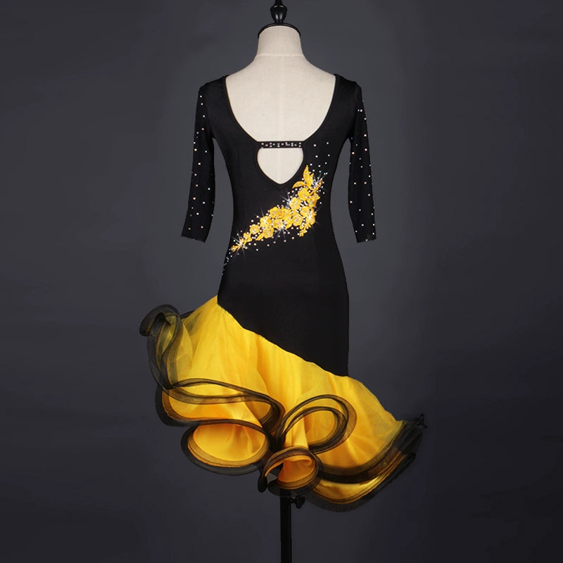 Latin Dance Costume competition dress with diamond-set sleeve in screen adult Latin dance dress - Moderndancedress.com